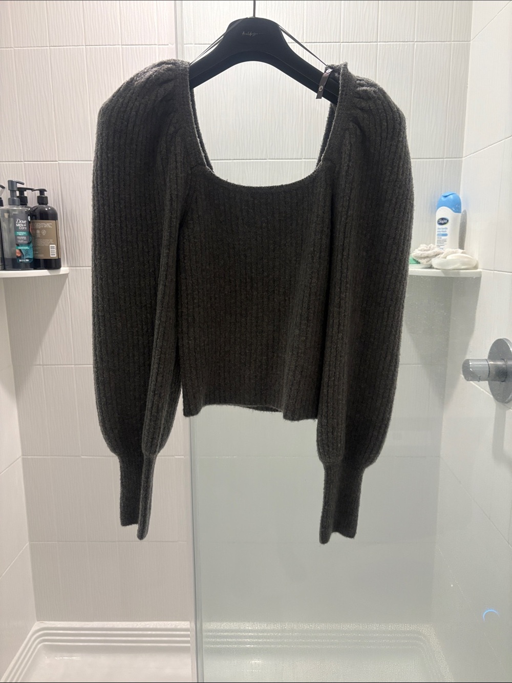 Zara Dark Gray Ribbed Puff Sleeve Scoop Neck Sweater
